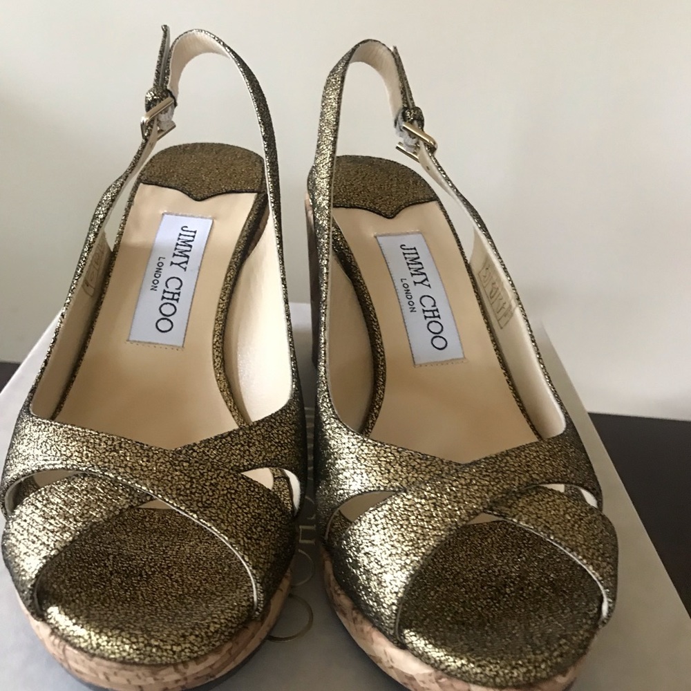 Jimmy Choo Amely Crackled Leather Cork Wedge Sand